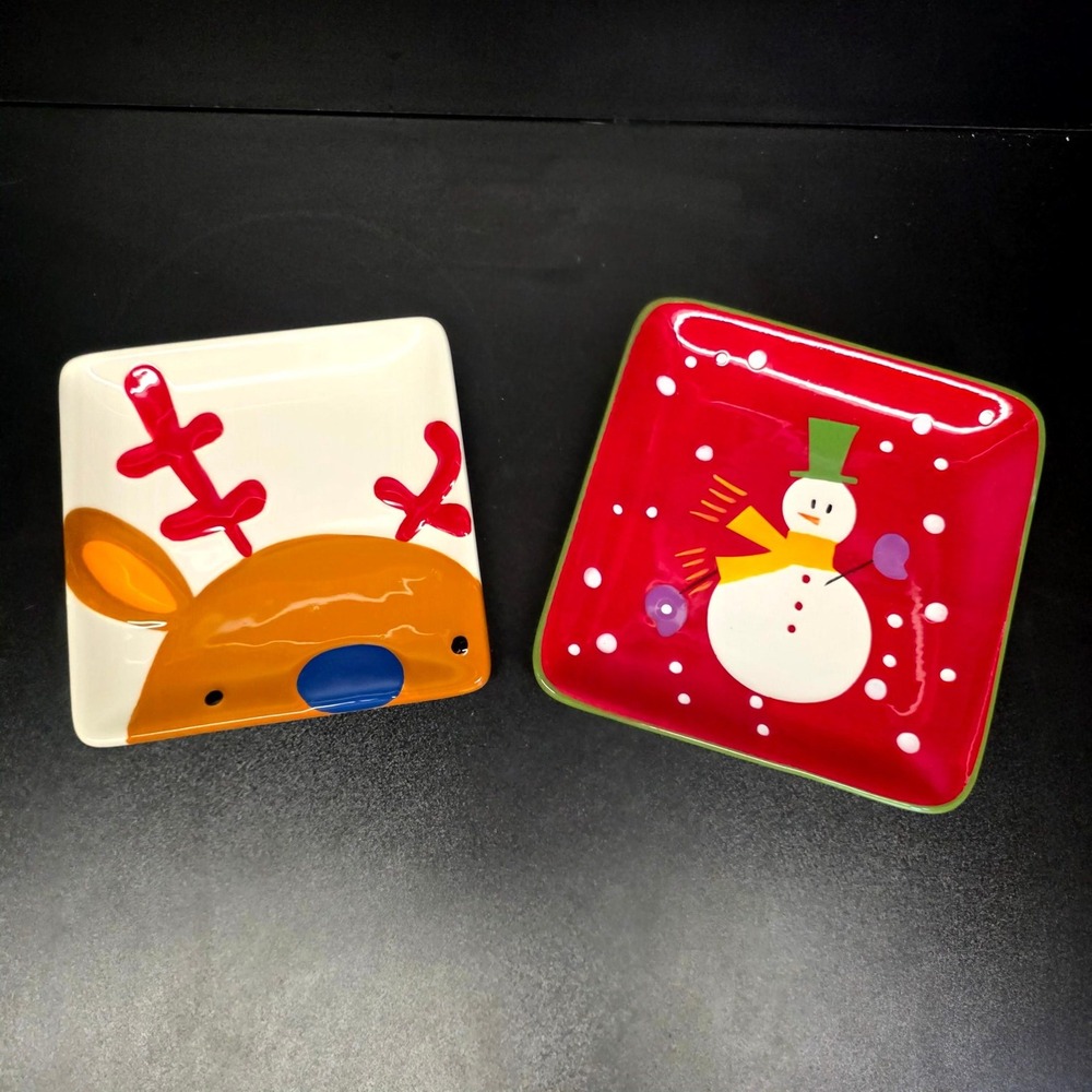 Pier 1 Import Appetizer Plates Multicolor Christmas Reindeer Snowman Handpainted